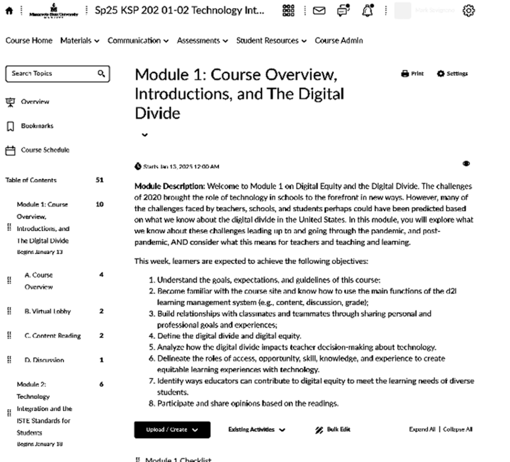 This is a sample of the course material navigation and current week's material.