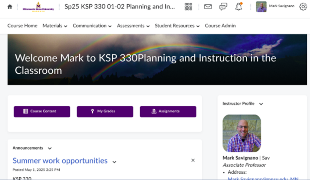 This image is demonstrating the homepage of Planning and Instruction.