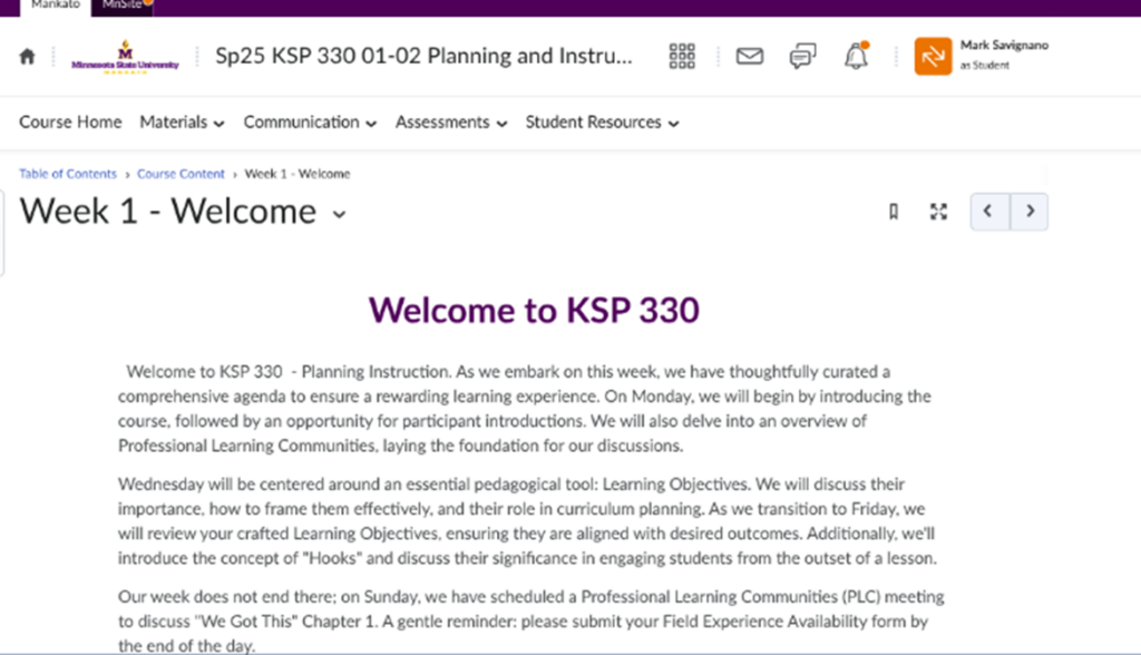 This image is showing the user's view of the week's description using the HTML template in D2L.