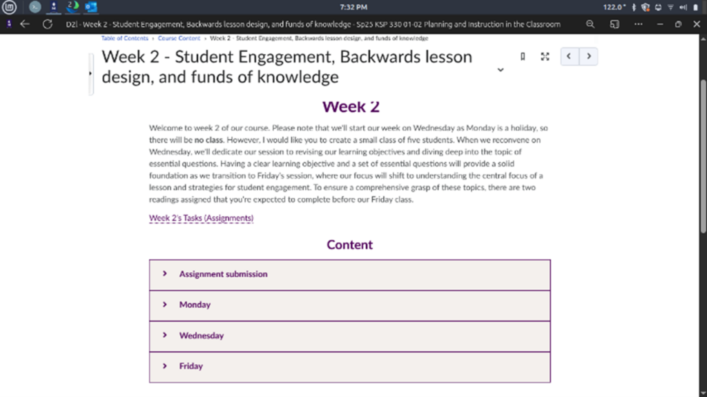 This image is showing the user's view of the week's description and accordion style table.